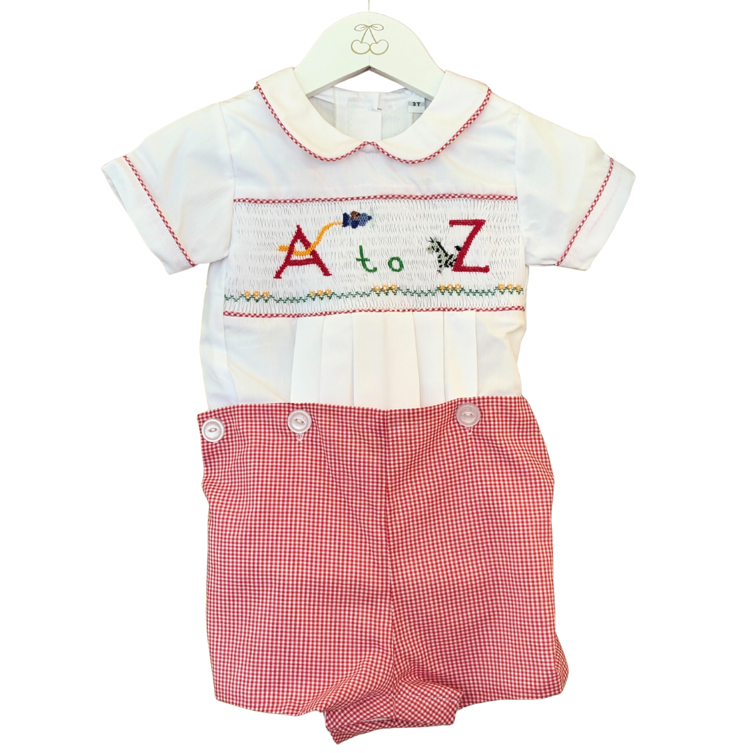 Smocked Button-on Suit with "A to Z" picture smocking design