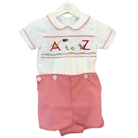 Smocked Button-on Suit with "A to Z" picture smocking design