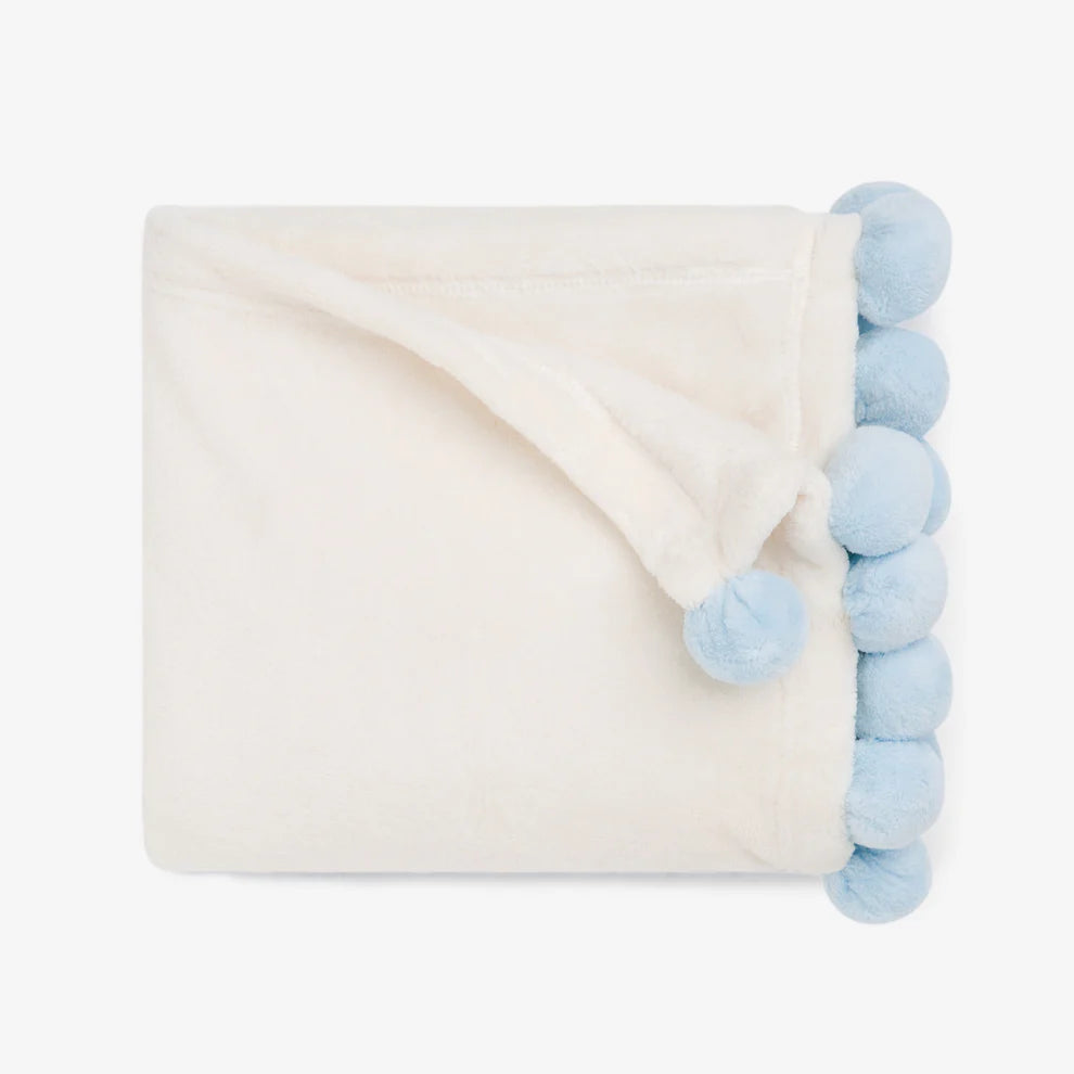 Elegant Baby Pom Trim Fleece Baby Stroller Blanket in Blue