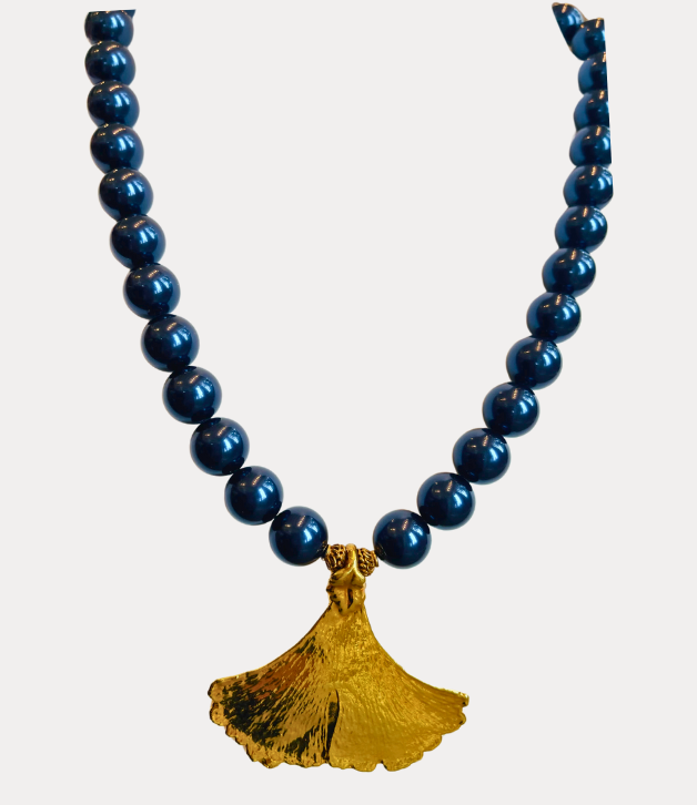Artisan Necklace in Navy Pearls with Ginko Leaf