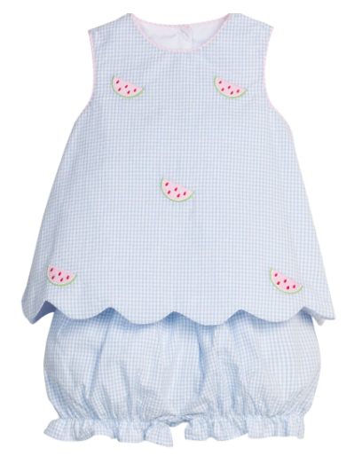 Little English Embroidered Bow Back Bloomer Set in Watermelon