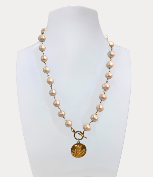 Artisan Necklace with Pearl Beads and Angel Charm