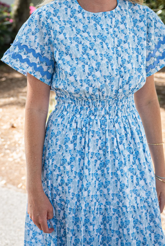 Sail to Sable Ditsy Floral Cinched Waist Midi Dress with Ric-Rac