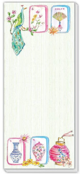 Rosanne Beck Collections Skinny Notepad-Handpainted Mahjong Tiles Bird and Lantern Green Background