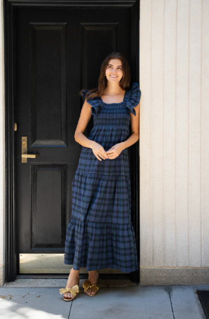 Sail to Sable: Midi Dress - Blackwatch Tartan Flutter Strap Smocked