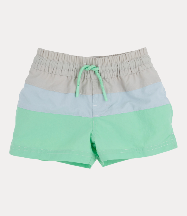 TBBC Country Club Colorblock Trunks in Sandy Springs Stone, Buckhead Blue, & Grace Bay Green with Worth Avenue White Stork
