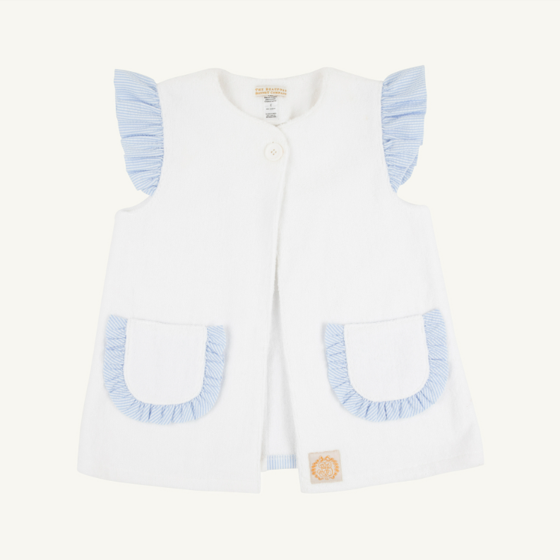 The Beaufort Bonnet Company Callie Cover Up in Worth Ave White and Breakers Blue Seersucker