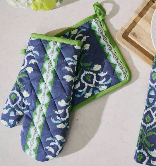 Laura Park Designs Rosemary Stripe Indigo Oven Mitt and Pot Holder Set
