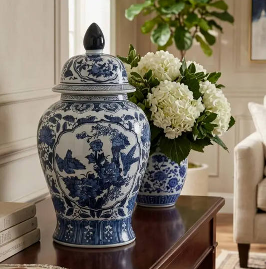 Sagebrook Home Decorative Vase in Blue Ceramic Flowers Temple at 19 in.
