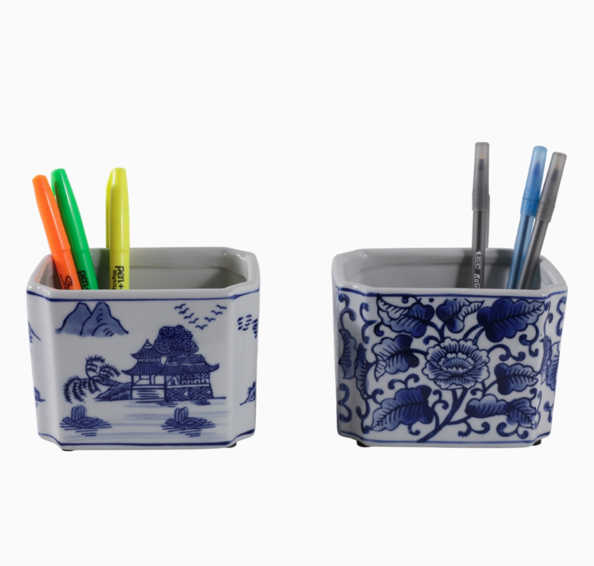 Sagebrook Home Pencil Cup Rectangle in Blue/White Ceramic