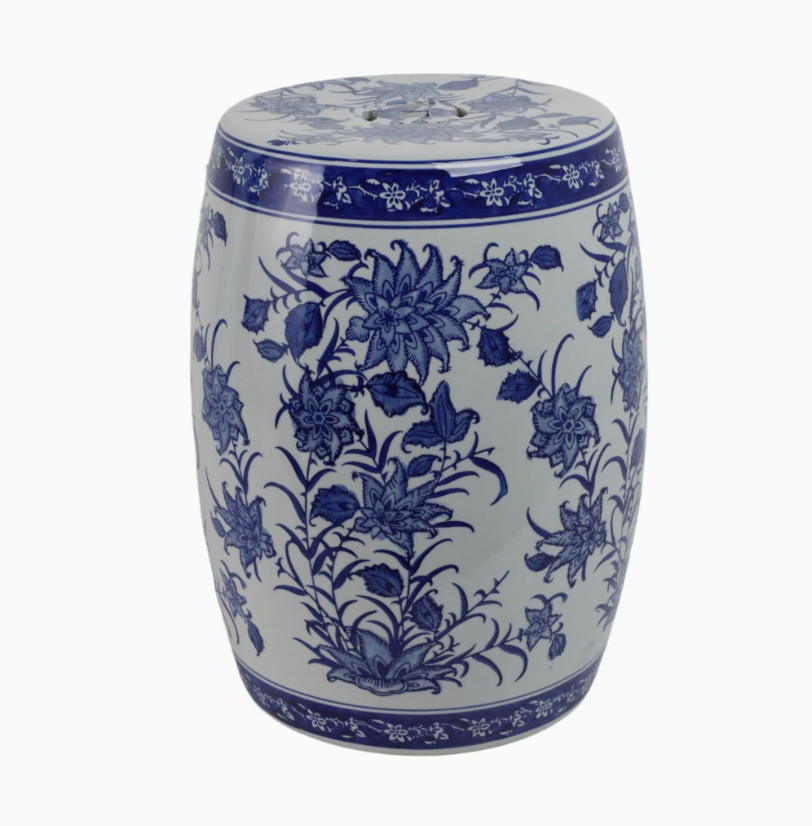 Sagebrook Home Stool in Blue Ceramic Pinwheel Flower Chinoiserie at 18 in.