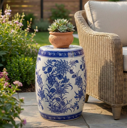 Sagebrook Home Stool in Blue Ceramic Pinwheel Flower Chinoiserie at 18 in.