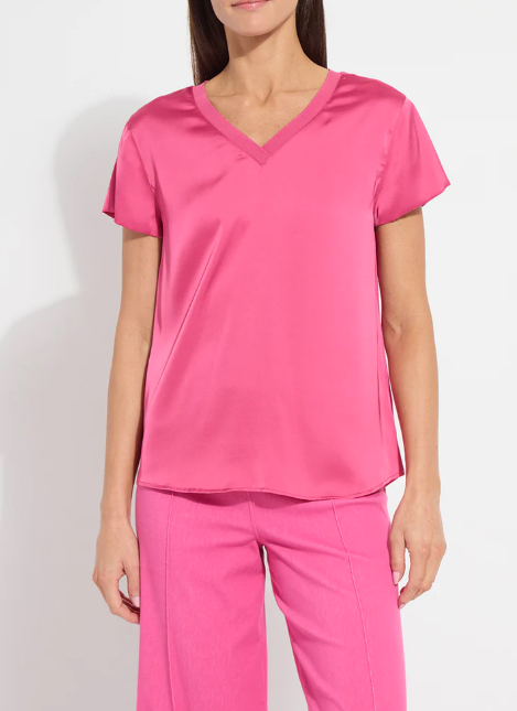 Lysse Saori V Neck Mix Media Top in Hot Pink