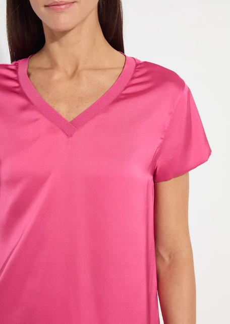 Lysse Saori V Neck Mix Media Top in Hot Pink