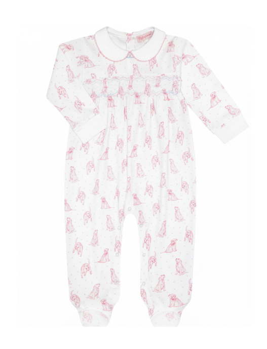 Nellapima Pink Puppy Love Print Smocked Footie