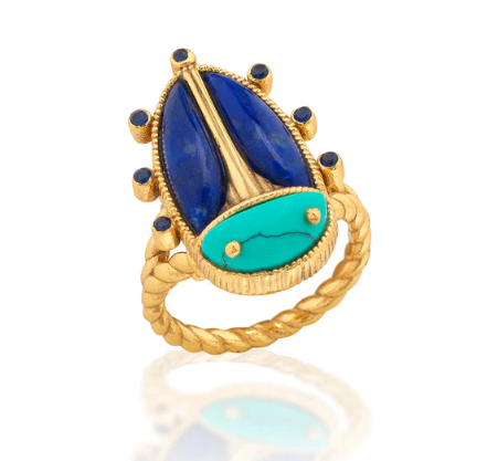 Capucine De Wulf Scarab Grande Ring with Turquoise and Lapis Size 8