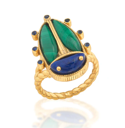 Capucine De Wulf Scarab Grande Ring with Lapis and Malachite Size 7