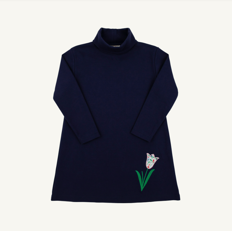 The Beaufort Bonnet Company Tatum's Turtleneck Dress in Nantucket Navy with Tulip
