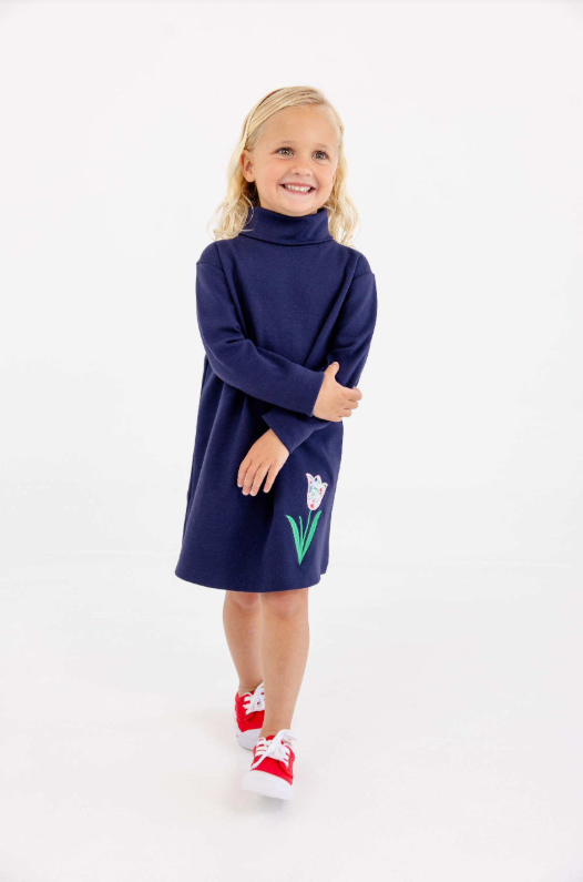 The Beaufort Bonnet Company Tatum's Turtleneck Dress in Nantucket Navy with Tulip