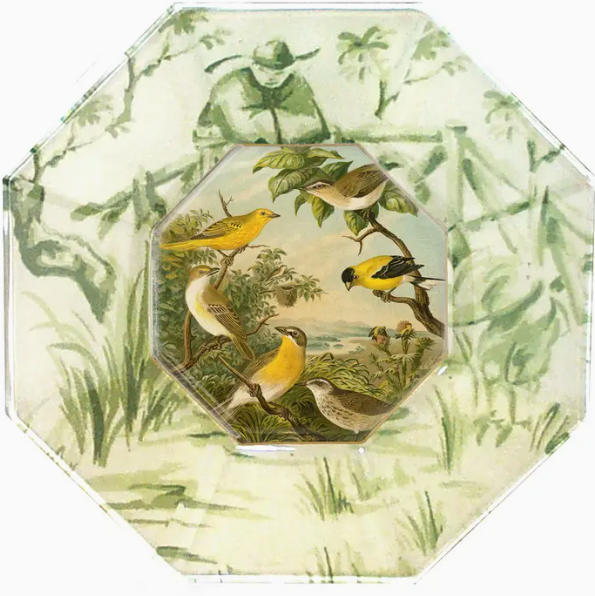 Marye Kelley Yellow Birds Decoupage Decorative Glass Plate