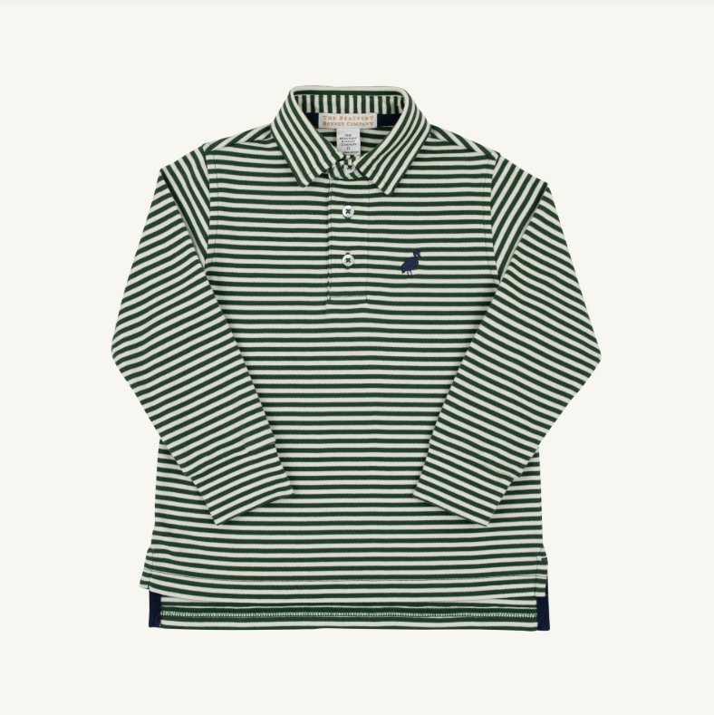 The Beaufort Bonnet Company Prim and Proper Pima Polo Grier Green Palmetto Pearl Stripe