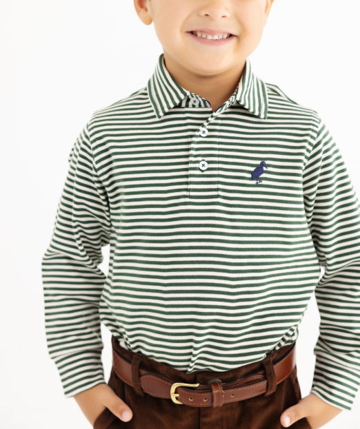 The Beaufort Bonnet Company Prim and Proper Pima Polo Grier Green Palmetto Pearl Stripe