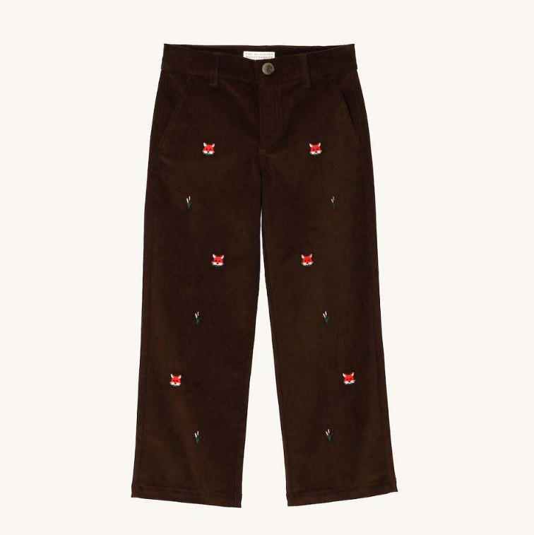 The Beaufort Bonnet Company Critter Prep School Corduroy Pants  in Chelsea Chocolate with Foxes