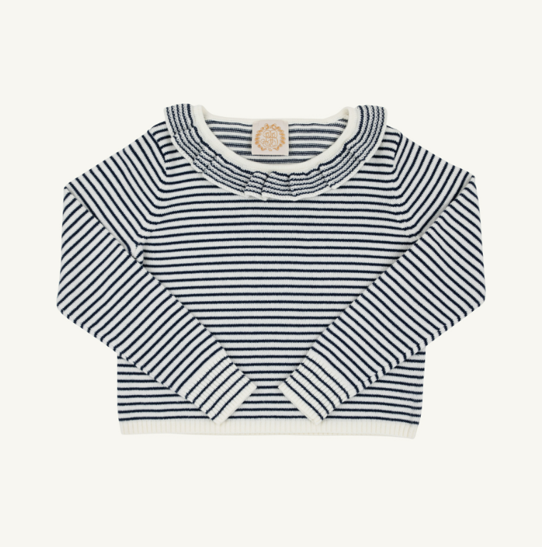 The Beaufort Bonnet Company Reece Ruffle Sweater in Nantucket Navy and Palmetto Pearl Stripe