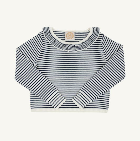 The Beaufort Bonnet Company Reece Ruffle Sweater in Nantucket Navy and Palmetto Pearl Stripe
