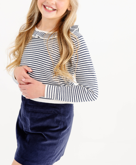 The Beaufort Bonnet Company Reece Ruffle Sweater in Nantucket Navy and Palmetto Pearl Stripe