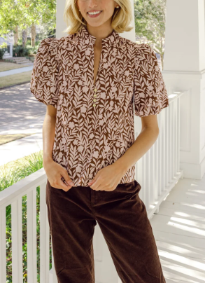 Sail to Sable Smocked Puff Sleeve Top in Floral Vine Print