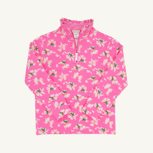 The Beaufort Bonnet Company Canter Collar Half-Zip in Winter Park Pink with Bows of Holly