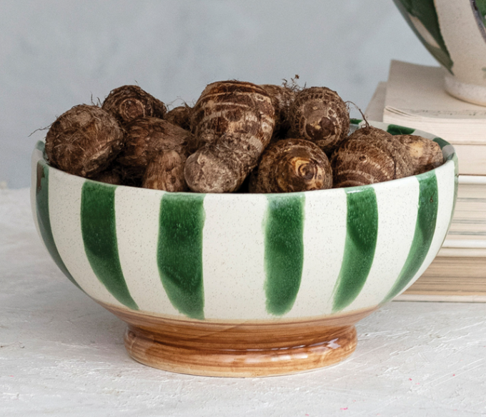 Creative Co-op Hand Painted Stoneware Footed Bowl