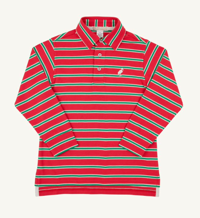 The Beaufort Bonnet Company Prim and Proper Pima Polo in Richmond Red, Kiawah Kelly Green and Palmetto Pearl Stripe in Richmond Red, Kiawah Kelly Green and Palmetto Pearl Stripe