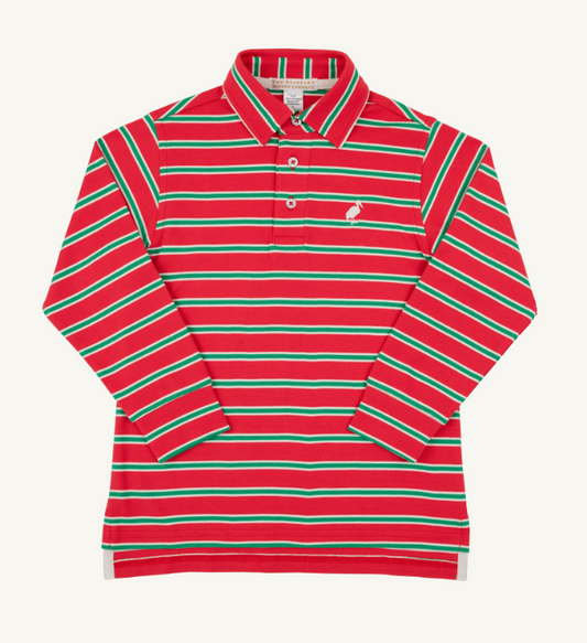 The Beaufort Bonnet Company Prim and Proper Pima Polo in Richmond Red, Kiawah Kelly Green and Palmetto Pearl Stripe in Richmond Red, Kiawah Kelly Green and Palmetto Pearl Stripe