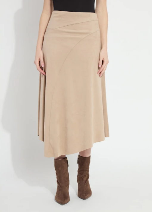 Lysse Azalea Asymmetric Hem Vegan Suede Skirt in Salted Carmel
