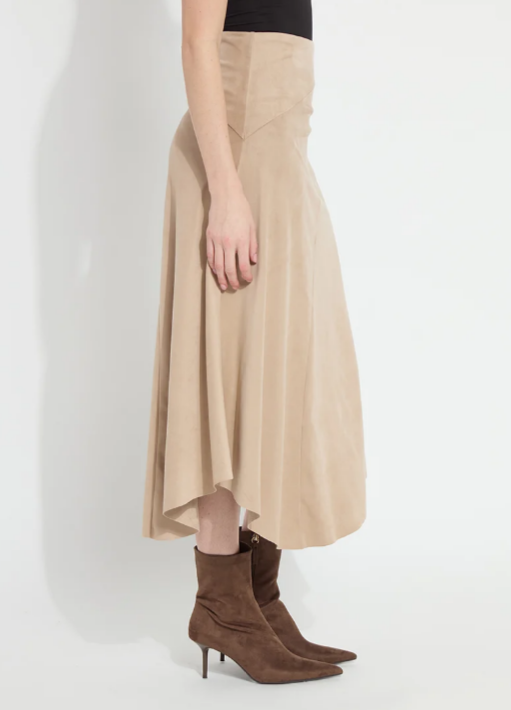Lysse Azalea Asymmetric Hem Vegan Suede Skirt in Salted Carmel