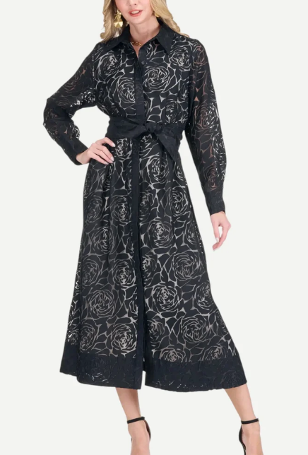 Jade Pleated Waist Shirtdress in Black Burnout Pattern