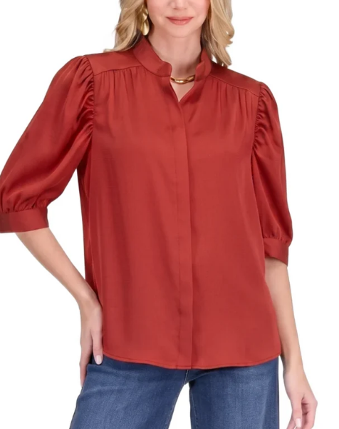 Jade Ruched Sleeve Shirt in Red
