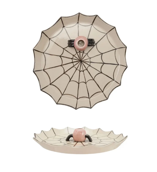 Creative Co-op Spider Web Ceramic Platter with Toothpick Holder