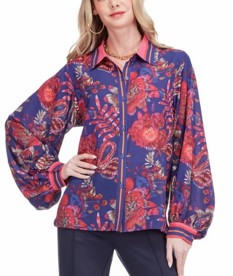 Jade Button Down Blouse in Hibiscus Royale