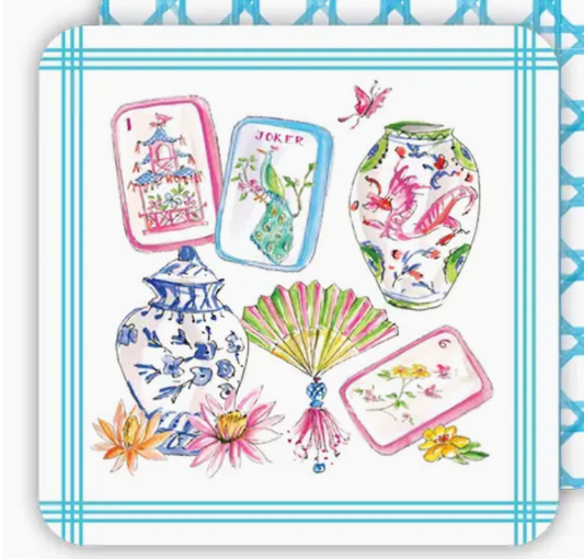 Rosanne Beck Collections Square Coaster-Handpainted Mahjong Icons Pots Fan Tiles and Flowers