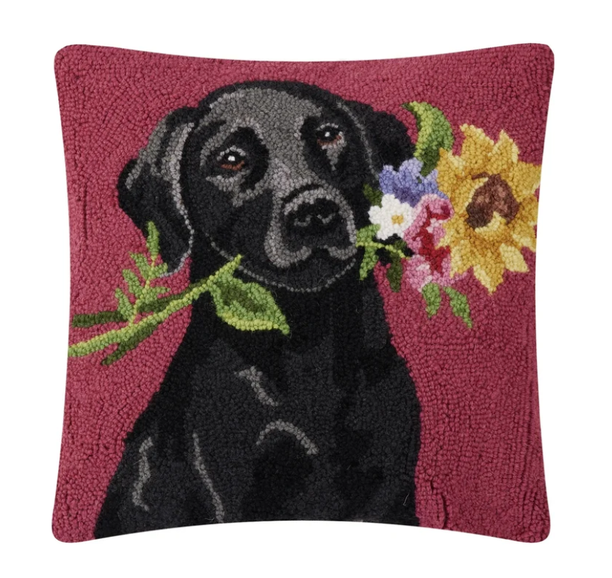 Peking Handicraft Floral Black Lab Pillow
