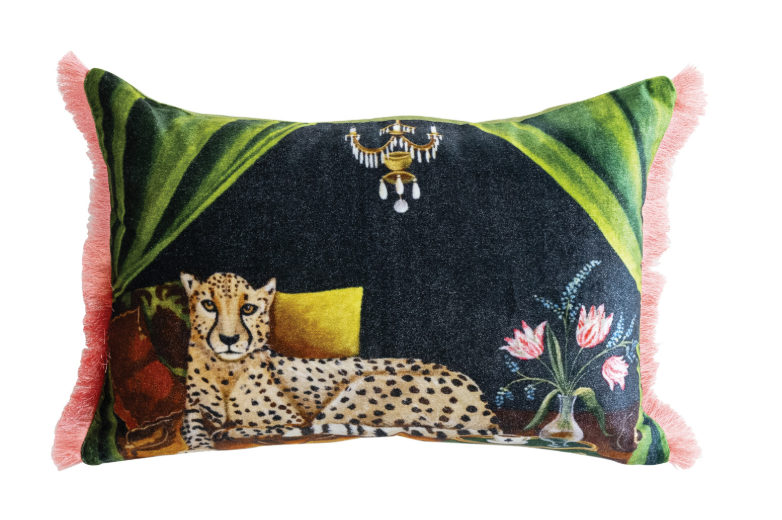 Creative Co-op Cotton Blend Velvet Printed Lumbar Pillow with Eyelash Fringe