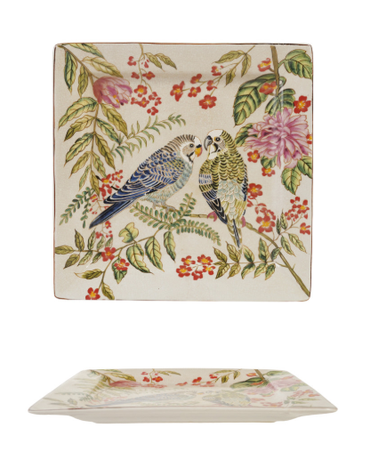 Creative Co-op Decorative Stoneware Dish with Parakeets