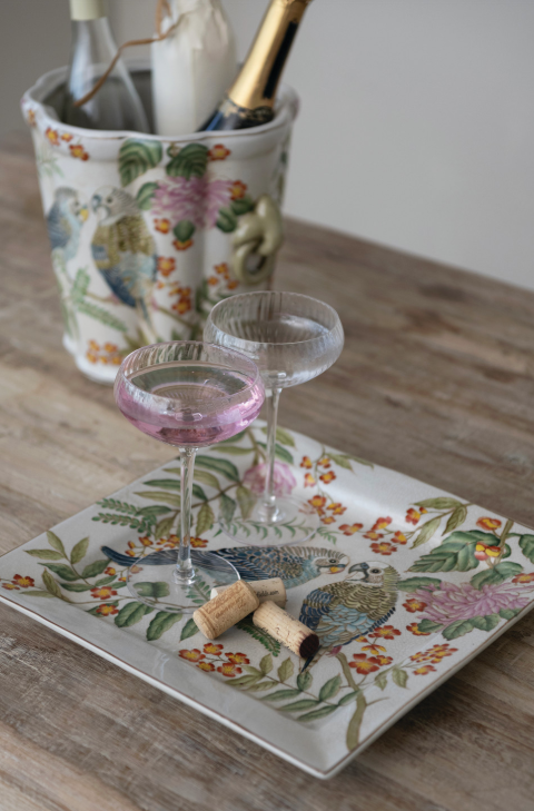 Creative Co-op Decorative Stoneware Dish with Parakeets