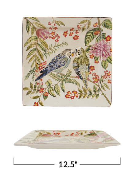 Creative Co-op Decorative Stoneware Dish with Parakeets