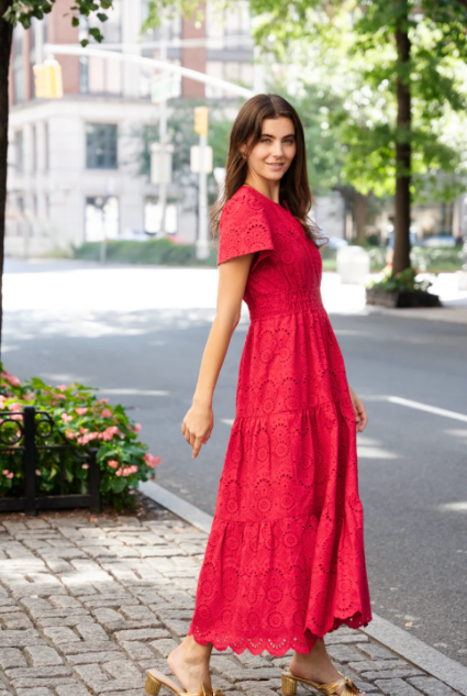 Sail to Sable: Midi Dress - Red Eyelet Cinched Waist