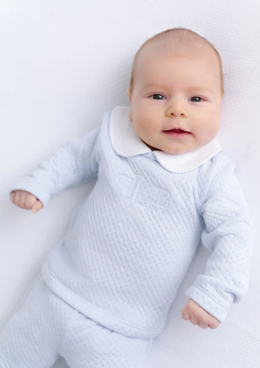 The Beaufort Bonnet Company Jaquard Harts Hold me Set in Buckhead Blue 3-6M