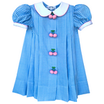 Load image into Gallery viewer, Classic Cherry Dress in Blue Gingham &amp; Pink Cherries: Made to Order
